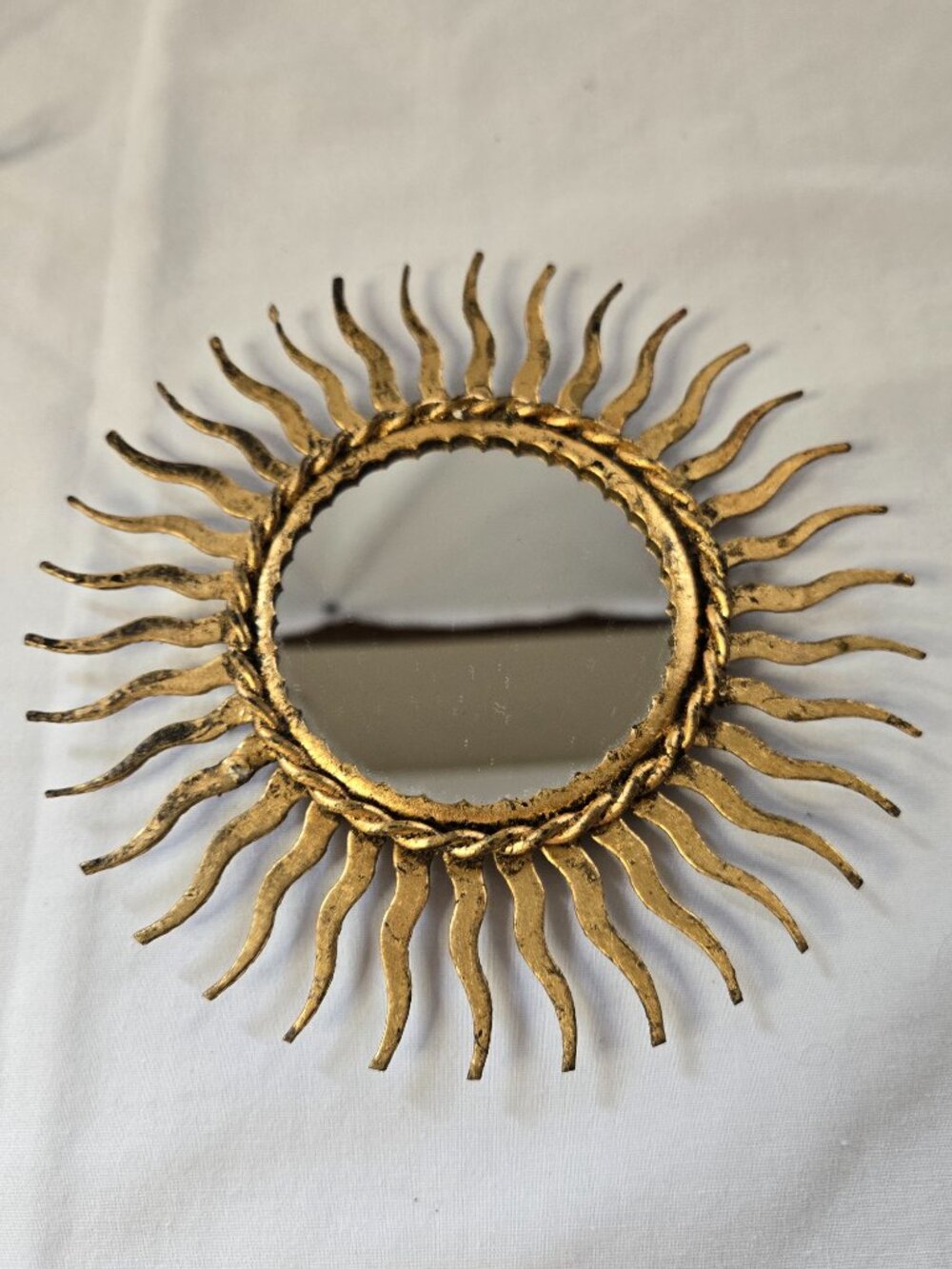 Sun Mirror in Metal Rustic Gold Aged Paint Vintage Made in Spain